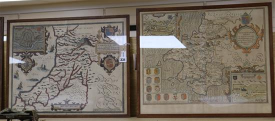 John Speed (1552-1629), two County maps of Wales, later hand-coloured, plate sizes 38.5 x 51cm